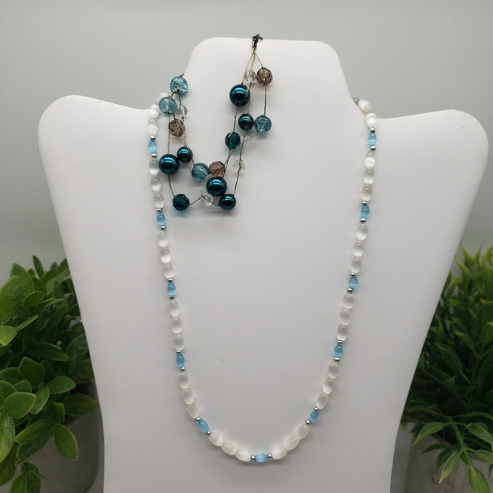 Blue White Long Beaded Necklace Paired with Blue Earth Toned Beaded Bracelet